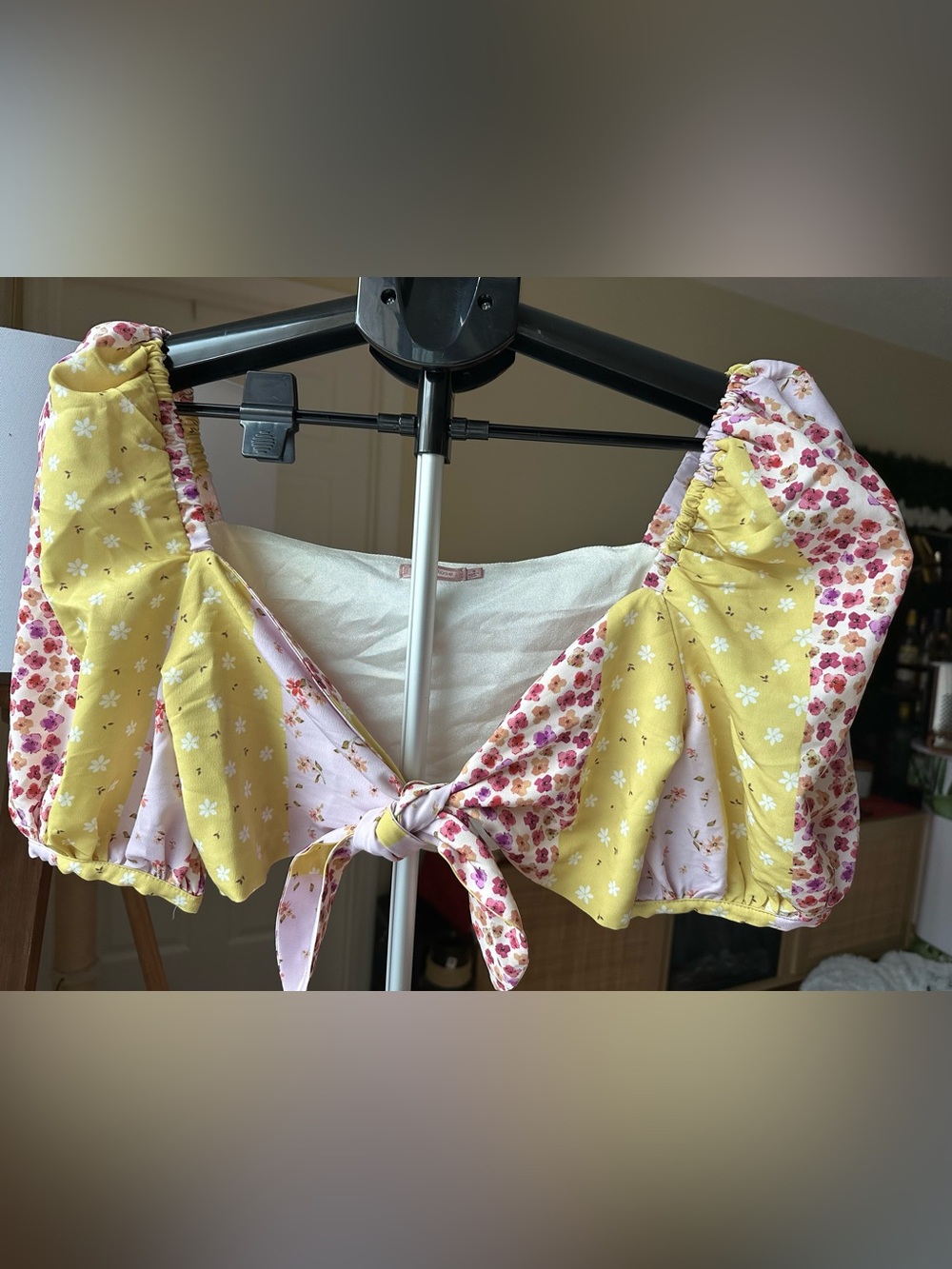 Floral Tie-Front Puff Sleeve Crop Top - Yellow & Pink